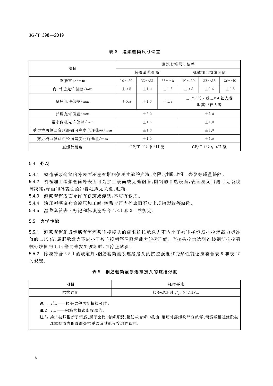 钢筋连接用灌浆套筒JG/T 398-2019